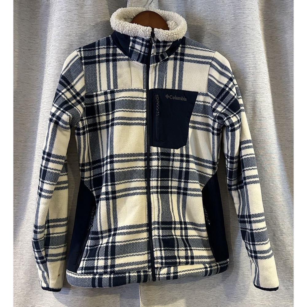 Columbia Jacket Womens Small Blue Plaid Panorama Ridge Fleece‎ Sherpa lined